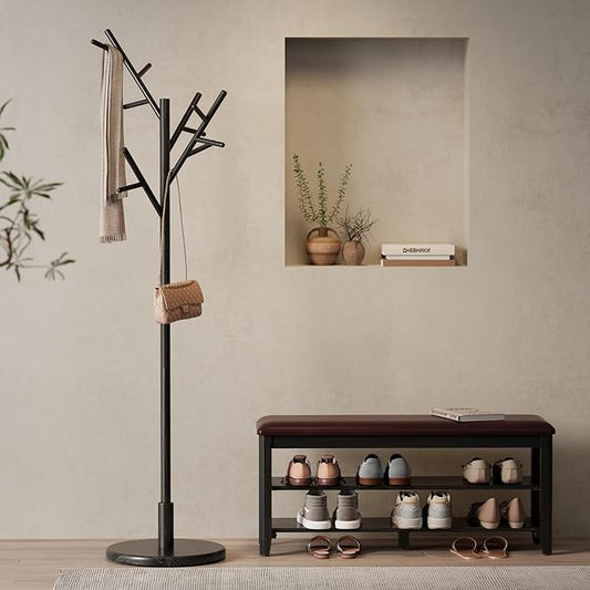 Coat Rack, Solid Wood Coat Rack Freestanding with 12 Hooks, Coat tree freestanding 3 Adjustable Heights for coat, Hats, Handbags, Coat Stand for Entryway, Bedroom (Black)