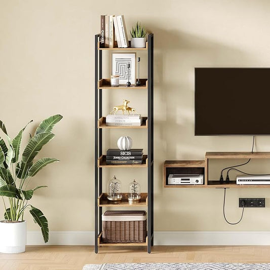 Rolanstar Bookshelf, 6-Tier Storage Rack, Narrow Corner Bookshelf, Display Wooden Shelves for Living Room, Bathroom, Balcony, Kitchen,Rustic Brown