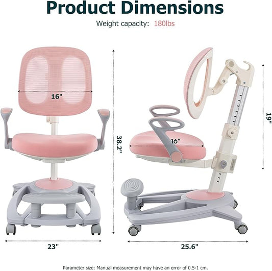 Ergonomic Kids Desk Chair with Footrest & Height-Adjustable Seat, Multifunctional for Study, Work & Dining – Comfy Cushion & Smooth Wheels for Boys & Girls (Pink)