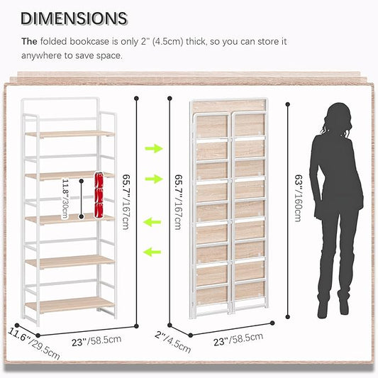 4NM No-Assembly 5 Tiers Folding Bookshelf Storage Shelves Vintage Bookcase Standing Racks Study Organizer Home Office (Natural White)