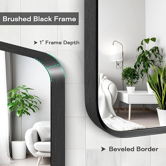Black Framed Bathroom Mirror for Wall, Matte Black Rounded Corner Rectangle Vanity Mirror, Brushed Frame, Tempered Glass, Anti-Rust, Hangs Horizontally or Vertically (24" x 32", Black)
