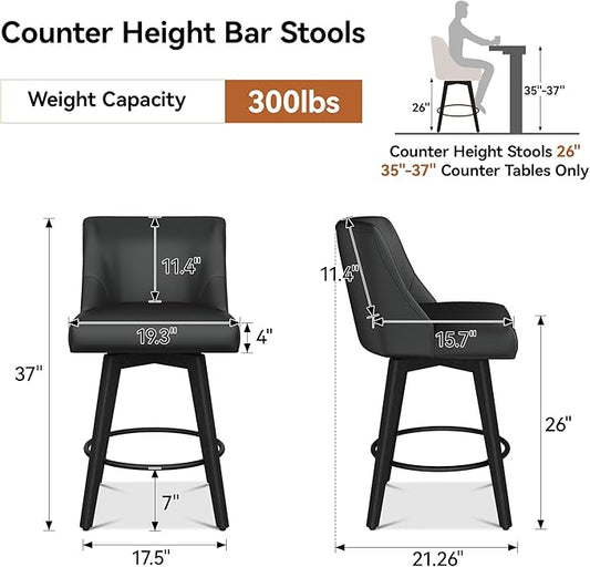 Counter Height Bar Stools Set of 4, Modern Swivel Barstools with Back and Wood Legs, Faux Leather Upholstered Bar Chairs, 26" H Kitchen Counter Stools, Kitchen Island Home Bar, Black Grey