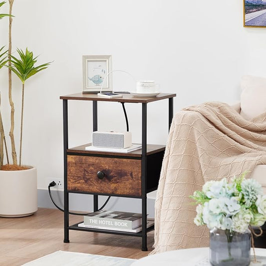 Night Stand Set 2, Nightstand with Charging Station, End Tables Living Room with Fabric Drawer for Small Spaces, Side Tables with Storage Shelf for Bedroom, Rustic Brown HETS010PBR