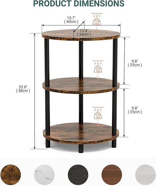 Small Round Side Table - 3-Tier Oval Accent Table for Small Spaces, Rustic Wood and Metal Couch End Table, Nightstand for Bedroom or End Table Living Room, Easy to Assemble, Rustic Brown