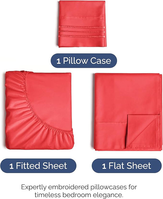 Twin Size 3 Piece Sheet Set - Comfy Breathable & Cooling Bed Sheets Set - Hotel Luxury Bedding for Women, Men, Kids, Teens, Boys and Girls - Deep Pockets, Ultra-Soft & Wrinkle Free - Oeko-Tex - Red