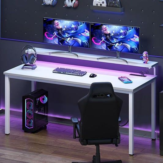 DlandHome Computer Desk 60” with LED Lights &Power Outlets, Writing Desk with Monitor Stand, Work Study Desk for Home Office, White