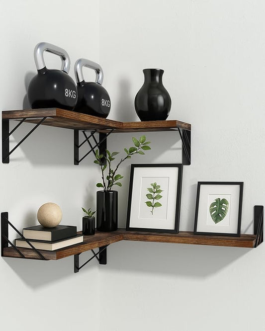 BAYKA Wall Shelves for Bedroom Decor, Floating Wall Shelves for Living Room Kitchen Storage, Wall Mounted Rustic Wood Floating Shelves for Kids Books, Corner Shelf for Bathroom(Rustic Brown,Set of 4)