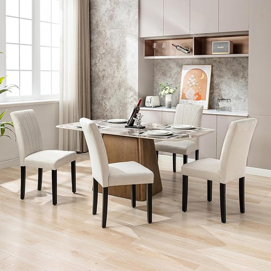 VECELO Upholstered Dining Chairs Set of 6, Modern Fabric and Solid Wood Legs & High Back, Parsons for Kitchen/Living Room- Beige