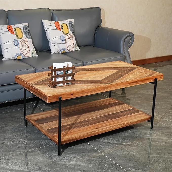CONSDAN StoneCreek Coffee Table, Solid Fir Wood & Metal Frame, 2-Tier Industrial Farmhouse Table for Living Room/Office, 44" Rectangular Table