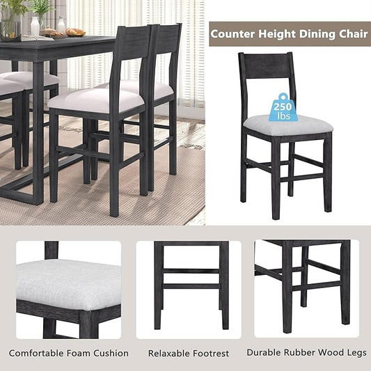 Merax Farmhouse Counter Height 5-Piece Dining Set with 1 Rectangular Table and 4 Upholstered Chairs for Small Places, Family Kitchen Furniture, Gray