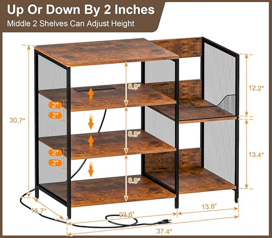 Large Record Player Stand Table with vinyl record holder, AV Media Stand With Charging Station & USB Ports, Stereo Cabinet Stand with Led Strip Light, Sturdy, Adjustable Feet, Rustic, Large Capacity