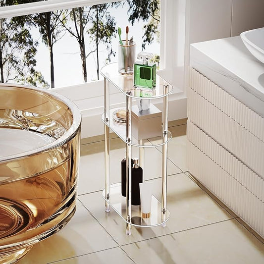 Clear Acrylic Narrow Side Table Set of 2 for Small Spaces, 15.75" L x 7.87" W x 24.6" H, 3 Tier Oval Slim End Table Nightstand, Small Skinny Bedside Table for Bedroom, Bathroom, Living Room