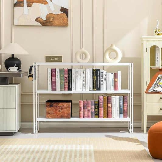 HCHQHS Bookshelf, 3-Tier Industrial Bookcase, White Open Book Shelf, Freestanding Horizontal Bookshelves with Metal Frame