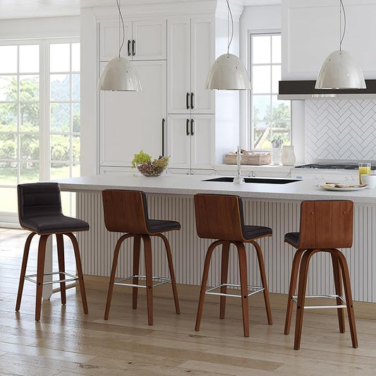 Armen Living Vienna 26" Swivel Counter Stool in Walnut Wood Finish with Brown Faux Leather - Set of 3