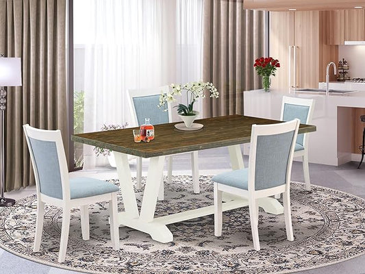 East West Furniture V077MZ015-5 5 Piece Dining Set Includes a Rectangle Dining Room Table with V-Legs and 4 Baby Blue Linen Fabric Upholstered Parson Chairs, 40x72 Inch, Multi-Color