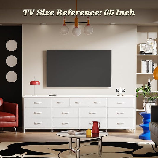 Huuger 70 Inch White Dresser for Bedroom, TV Stand for 65, 75, 80 Inch TV, 13 Fabric Drawer Long Dresser, Wide Chest of Drawer, Storage Units for Bedroom