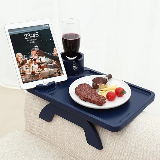 Nnewvante Couch Cup Holder,3 in 1 Large 15.36""x9.85"" Bamboo Sofa Arm Clip on Tray Table with 360°Rotated Phone/Drink Holer, Navy Blue, CAT39252
