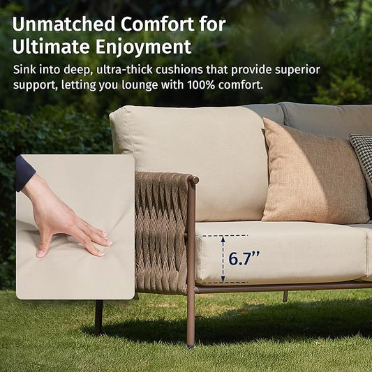 EAST OAK Life Chatter Outdoor Patio Furniture | Outdoor Sofa 3 Seats with Waterproof Thick Cushions | Deep Seating Modern Patio Sofa for Garden, Porch, Balcony & Backyard | Chestnut & Apricot