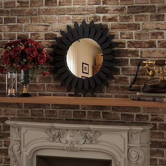 20 Inch Black Boho Wall Decor Sunburst Mirror - Round Wooden Wall Decor, Handmade Rustic Circular Mirror for Living Room, Bedroom, Entryway, Office
