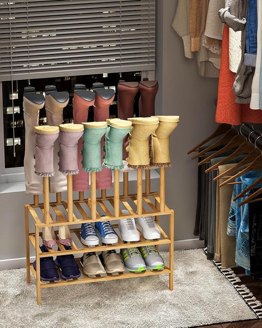 Boot Rack with Shoe Rack, Boot Rack Organizer Tall Boots for Closet, Bamboo Wood Shoe Shelf Storage Organizer for Entryway Small Space