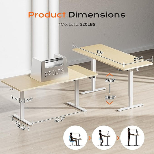 Huuger 63 x 28 Large Electric Standing Desk, Height Adjustable Computer Desk, 27.6" Deep Desktop, Stand up Gaming Office Table with 2 Hooks, 3 Preset Heights, for Home Office, Oak