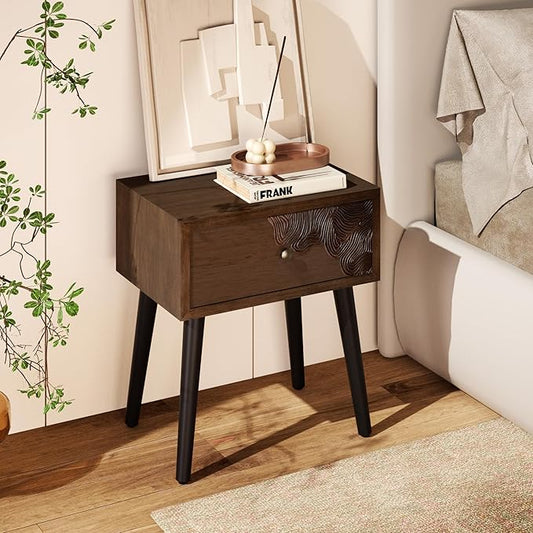 COSIEST Nightstand with Storage Drawer, Mid Century Modern Nightstand, Accent Side Table, Vintage Wood Luxury Night Stand Small Wood End Table for Bedroom, Living Room, Walnut