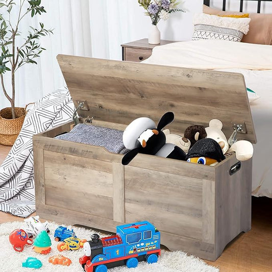 39.4" Storage Chest, Wooden Storage Bench, Lift Top Toy Chest with 2 Safety Hinges, Large Toy Box, Entryway Bench for Living Room, Bedroom, Grey