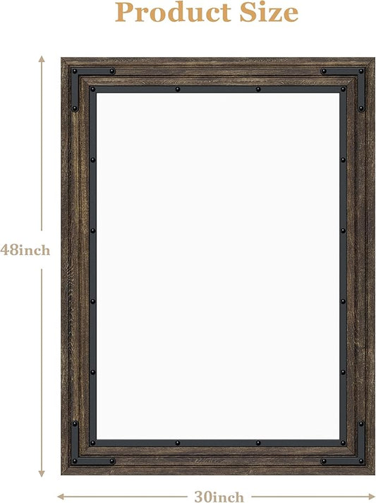 YOSHOOT Farmhouse Bathroom Mirror, Rustic Wood Mirror, Wooden Framed Vanity Mirror, Solid Wood & Handmade, Vertical or Horizontal Hanging for Bathroom Entryway Living Room Bedroom, 48" x 30", Brown
