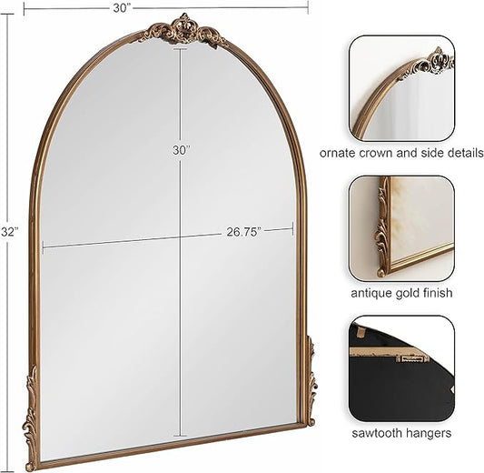 Kate and Laurel Myrcelle Traditional Arched Mirror; 30 x 32; Antique Gold; Decorative Large Vintage Arch Mirror with Ornate Garland Detailing Along The Crown and Edges of The Frame