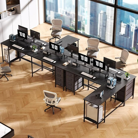 66" L Shaped Computer Desk, 94.4'' Home Office Desk with Power Outlets, 4 Adjustable Storage Drawers & 2 Monitor Stands, Large Two Person Gaming Table for Writing Study, Black