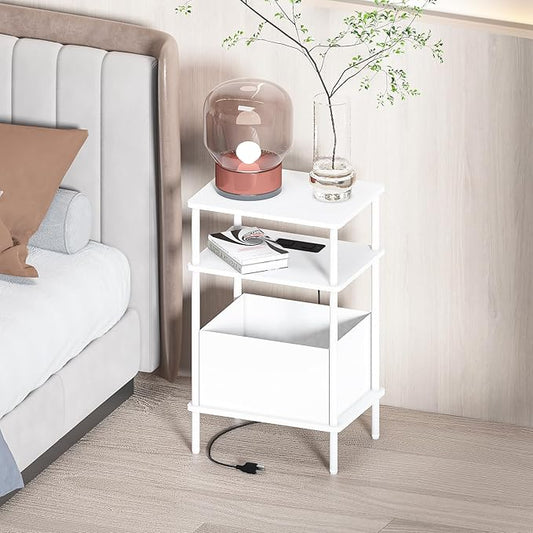Small Side Table with Charging Station, Set of 2 End Table for Small Spaces, Slim Nightstand with Outlet,Sofa Beside Table, 3-Tier Storage Shelf,Living Room, Bed Room, Natrual White