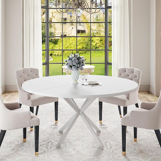 47.24" Round Dining Table, Modern Dining Room Table for 4-6 Person, Wood Round Kitchen Table with Metal Legs, Round Coffee Table for Home Dining Room Living Room (White)