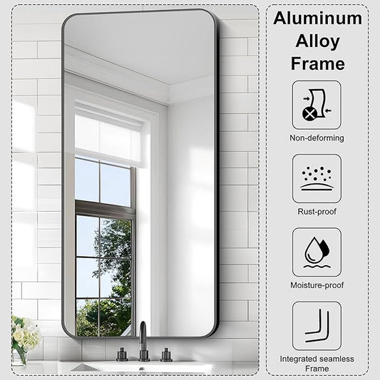 KOCUUY Black Bathroom Vanity Mirror, 24 x 48 inch Metal Frame Mirror with Rounded Corner, Rectangle Design of Upgraded Shatterproof Glass for Bathroom, Bedroom, Living Room, Entryway