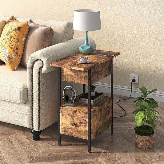 SOOWERY End Table with Charging Station, Narrow Side Table with Flip Top Cabinet and Fabric Drawer, Nightstand Bedside Tables for Small Spaces, Bedroom, Living Room, Rustic Brown