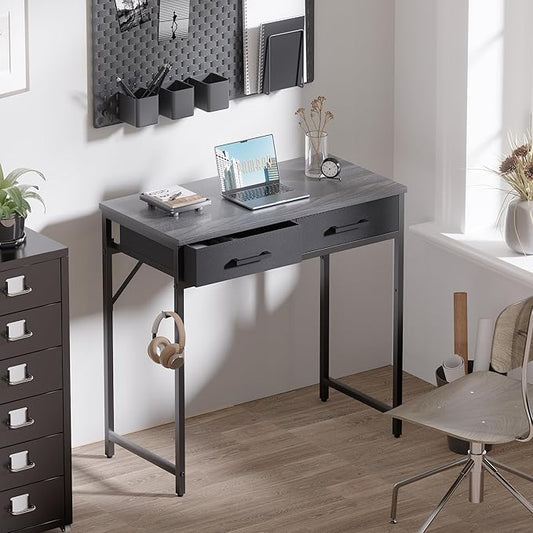 Pamray 32 Inch Small Computer Desk with 2 Drawers for Bedroom Study Writing Home Office Table for Small Spaces Grey