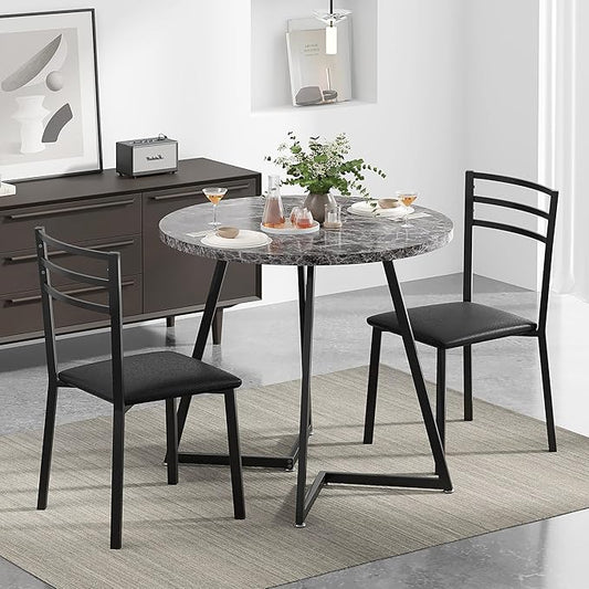 VECELO Small Round Dining Table Set for 2, Wood Tabletop with Strong Metal Frame, Modern Dinette with Chairs for Kitchen, Breakfast Nook Living Room, Faux Marbled & Grey