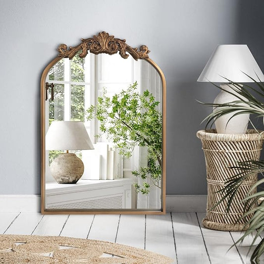 Wall Mirror Window Decorative Traditional Vintage Ornate Baroque Mirrors Antique Arched Farmhouse for Living Room Bedroom Entryway Bathroom Vanity (27 * 19 * 1.2, Gold)