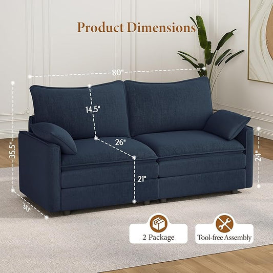 Vesgantti 74" Loveseat Sofa for Living Room, Comfy Cloud Couch Deep Seat Chenille Modern 2 Seater Small Sofa with Armrest Pillow, Easy Assembly for Small Spaces, Blue