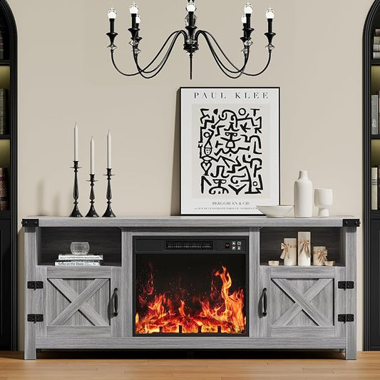 YESHOMY Fireplace TV Stand with Barn Doors and Open Display Shelf, Farmhouse Media Console with Hidden Cable Routing, Entertainment Center for Televisions up to 65+ Inch, Gray