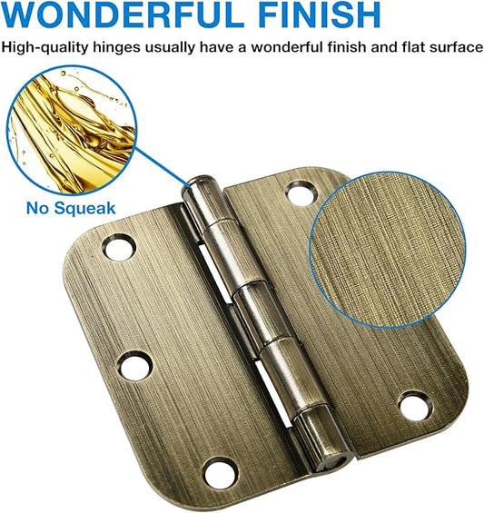 12 Pack Antique Brass Door Hinges 3.5 Inch Interior 3 1/2" Round 5/8" Radius Heavy Duty Metal Hardware Kit 3 ½" 5/8" Radius Flat Hinge for Bifold Doors Decorate Master Bedroom Storage Room
