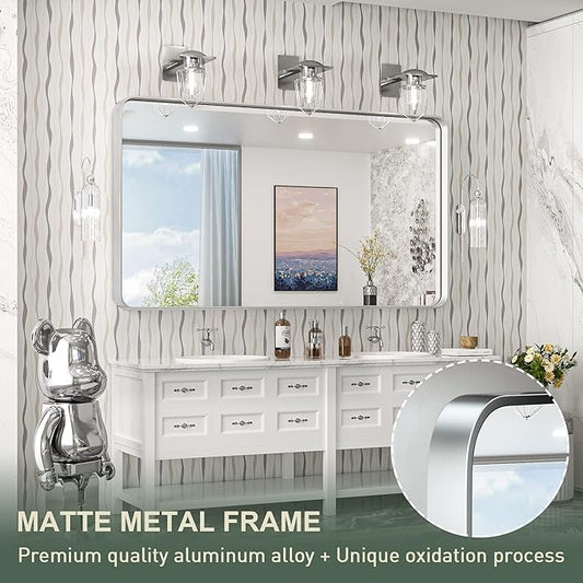 TokeShimi 60 x 30 Inch Wall Mirror for Bathroom Brushed Silver Metal Frame Decorative Rectangular Wall Mounted Home Decor Corner Hangs Farmhouse Mirror (Horizontal/Vertical)