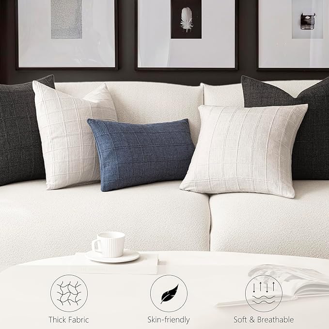 Foindtower Set of 2 Decorative Linen Check Throw Pillow Covers Neutral Farmhouse Vintage Cushion Covers Modern Boho Home Decor for Sofa Chair Couch Bedroom Living Room Outdoor,16×16 Inch,Cream White