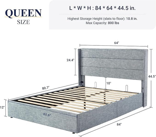 Allewie Queen Size Lift Up Storage Bed, Modern Wingback Headboard, Hydraulic Support, No Box Spring Needed, Grey Blue