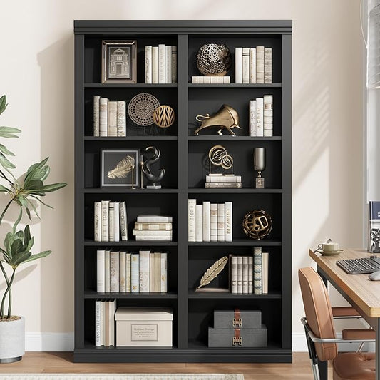 74.5" Tall Bookshelf with Double Storage, Extra Large Bookshelf, 6-Tier Double Wide Bookshelves w/ 12 Cubbies, Wide Freestanding Bookcases for Livingroom Office Library (Black)
