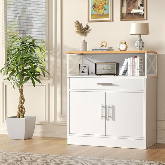 Shintenchi Kitchen Buffet Cabinet with Adjustable Shelf, Modern Kitchen Storage Cabinet,Farmhouse Coffee Bar Cabinet(White)