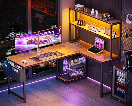 ODK 53 Inch L Shaped Desk with LED Lighting, Reversible Gaming Desk with Power Outlets, Cornor Computer Table with Storage Shelves & Bag & Iron Hook, Home Office Table for Writing, Study, Vintage