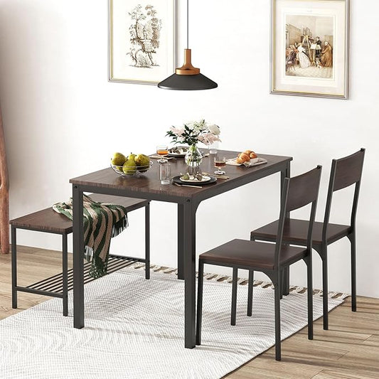 soges 4-Piece Dining Table Set with Bench - 4 Person Kitchen Table and 2 Chairs for Small Spaces, Apartment - Metal Frame & Woodgrain Tabletop, Space-Saving Design, Durable & Easy to Clean, Dark Oak