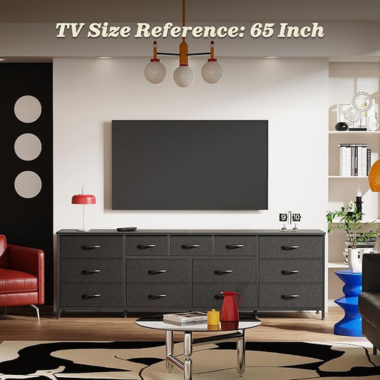 Huuger 70 Inch Black Dresser for Bedroom, TV Stand for 65, 75, 80 Inch TV, 13 Fabric Drawer Long Dresser, Wide Chest of Drawer, Storage Units for Bedroom