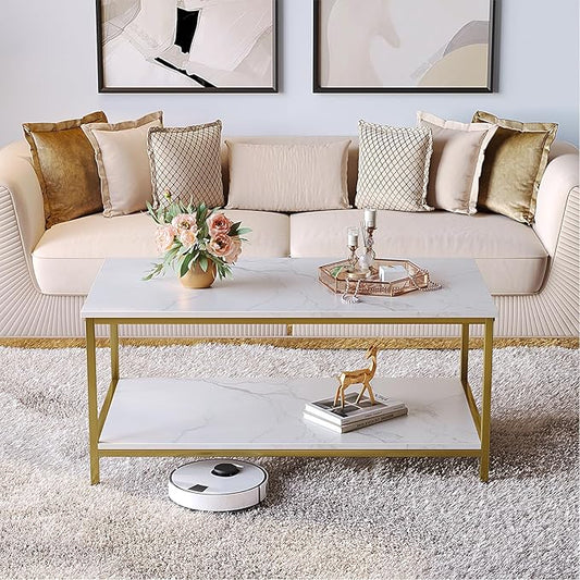 SAYGOER Modern 2-Tier Coffee Table for Living Room White Gold Coffee Tables Industrial Rectangle Wood Table for Large or Small Spaces Home Office Apartment, White Gold