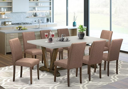 East West Furniture V797AB747-9 9 Piece Dining Table Set Includes a Rectangle Kitchen Table with V-Legs and 8 Light Sable Linen Fabric Upholstered Chairs, 40x72 Inch, Multi-Color